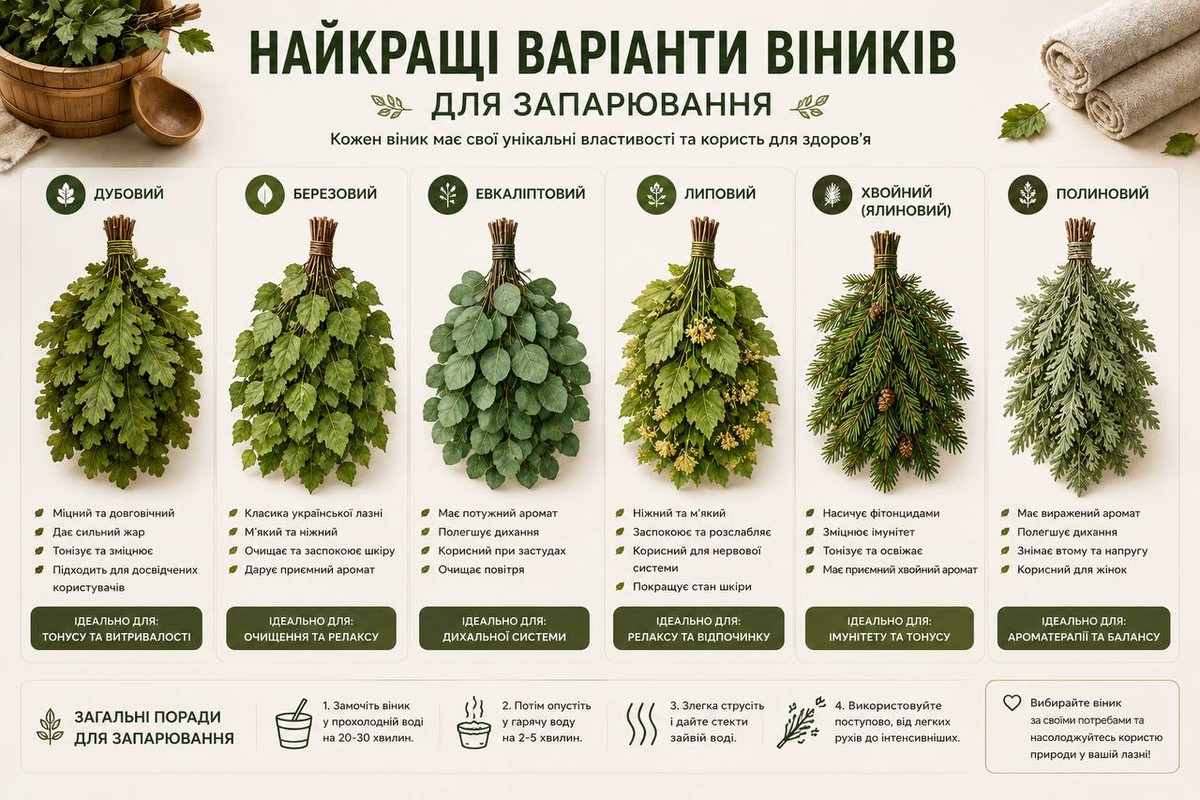 Найкращі варіанти віників — кожен має свої властивості та користь для здоров’я